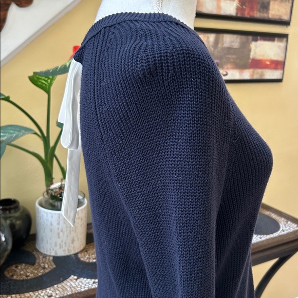 Loft Navy Blue Ribbed White Bow Tie Crew Neck Cotton Knit Pullover Sweater NWOT - Picture 6 of 15